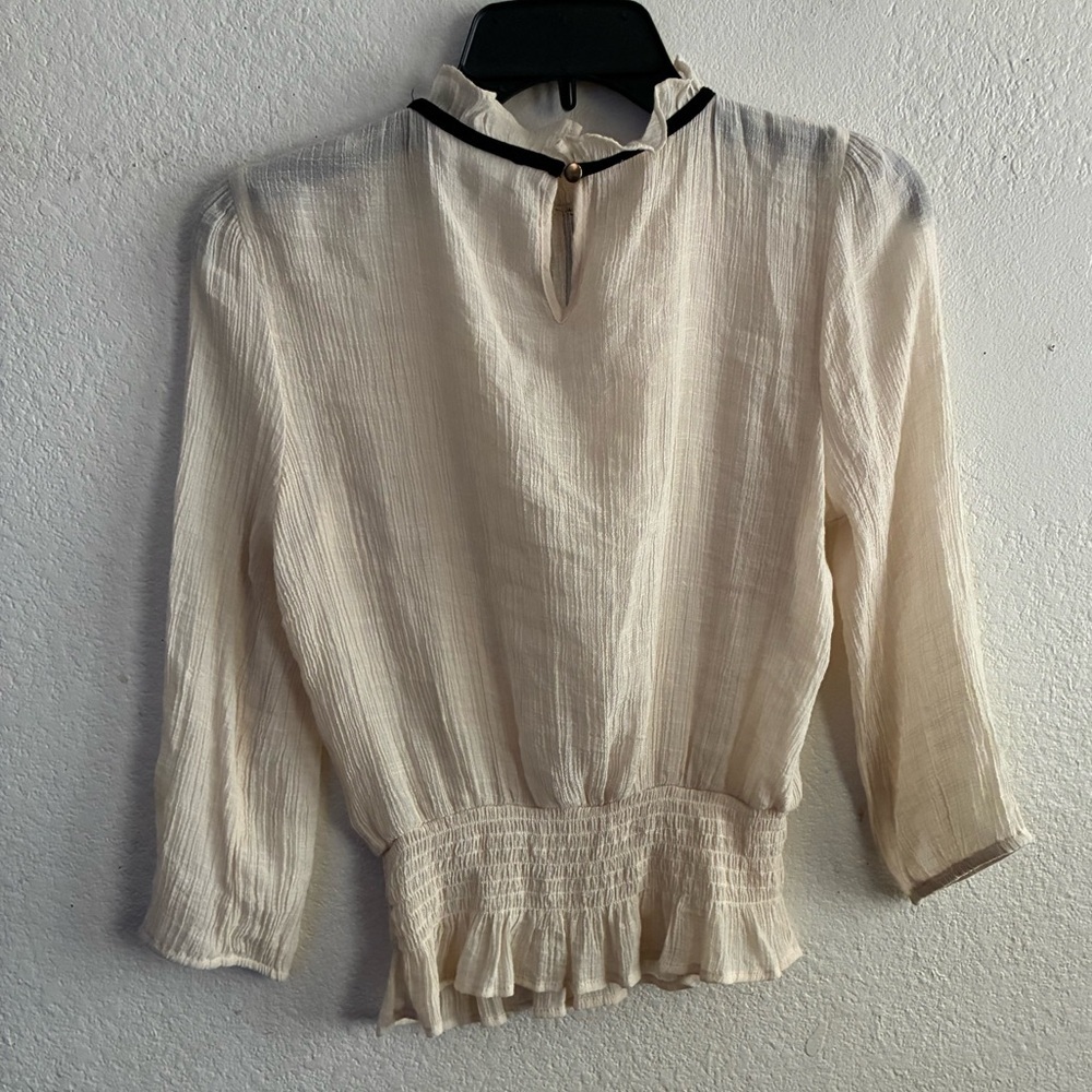 E&M Elegant High Neck Cream Blouse Lace with Black Tie Accent M - Picture 12 of 16